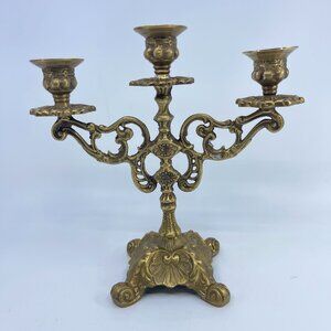 vintage ornate brass 3-arm candle candelabra holder with intricate details